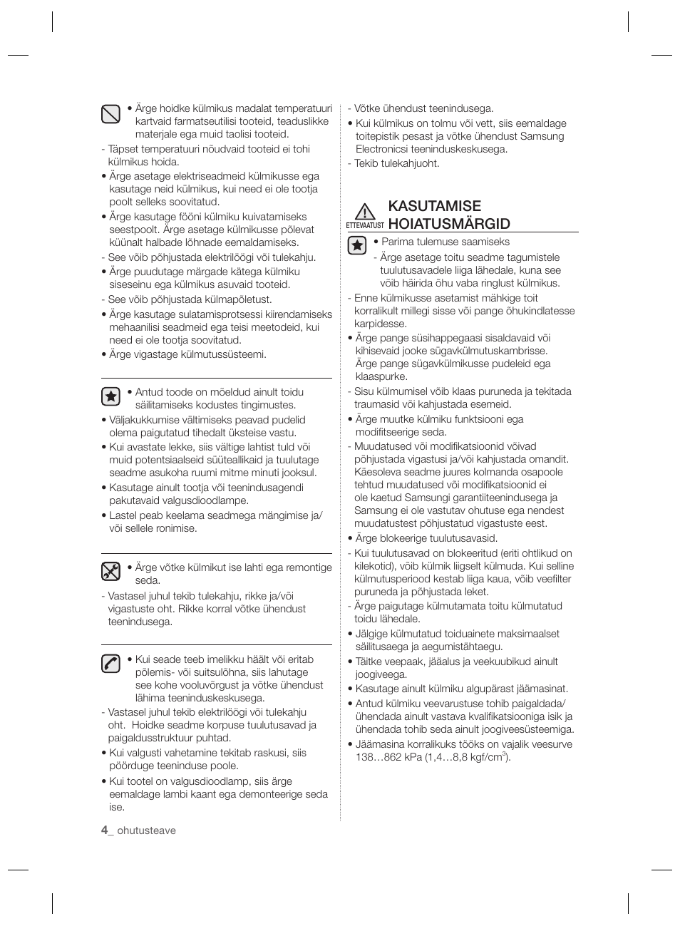 Kasutamise hoiatusmärgid | Samsung RSH7PNPN User Manual | Page 148 / 216