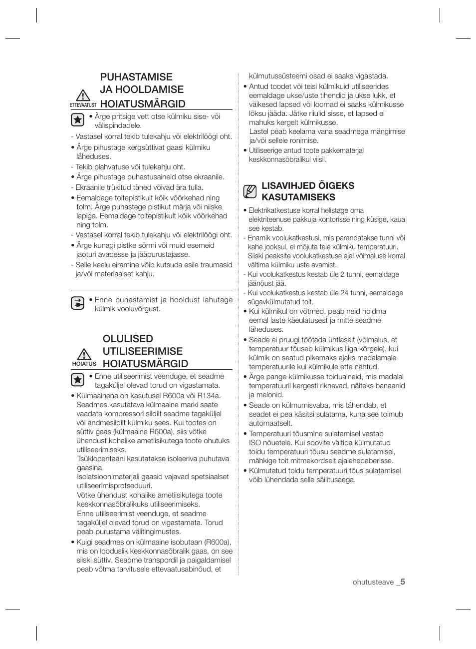 Puhastamise ja hooldamise hoiatusmärgid, Olulised utiliseerimise hoiatusmärgid | Samsung RSH7PNPN User Manual | Page 149 / 216