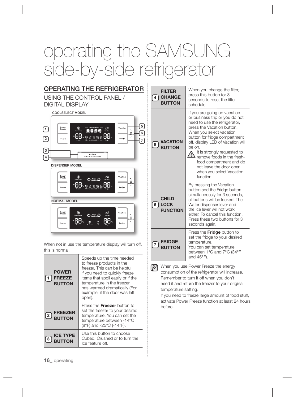 Operating the samsung side-by-side refrigerator, Operating the refrigerator | Samsung RSH7PNPN User Manual | Page 16 / 216