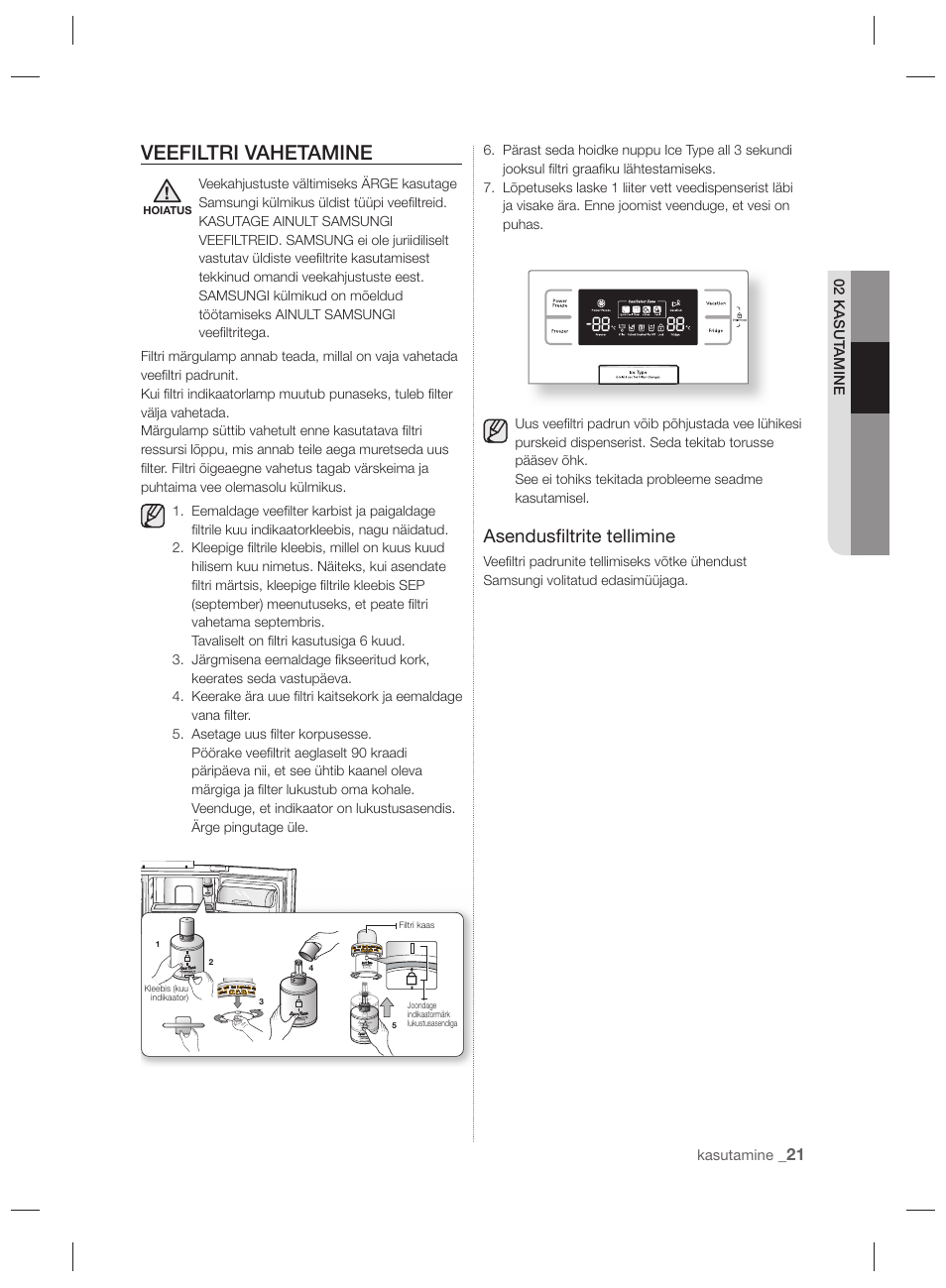 Veefiltri vahetamine, Asendusﬁ ltrite tellimine | Samsung RSH7PNPN User Manual | Page 165 / 216