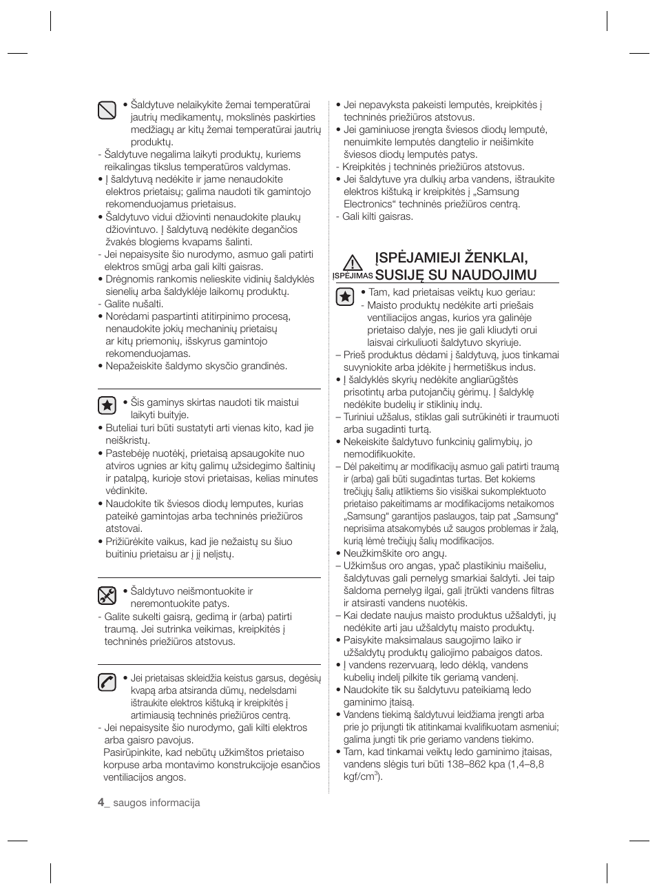 Įspėjamieji ženklai, susiję su naudojimu | Samsung RSH7PNPN User Manual | Page 172 / 216