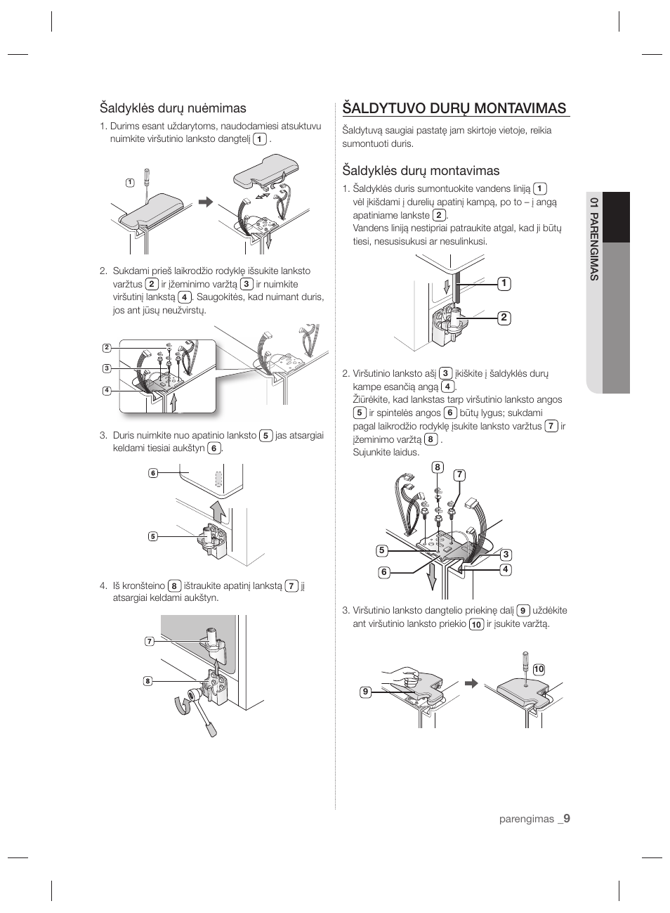 Šaldytuvo durų montavimas, Šaldyklės durų nuėmimas, Šaldyklės durų montavimas | Samsung RSH7PNPN User Manual | Page 177 / 216