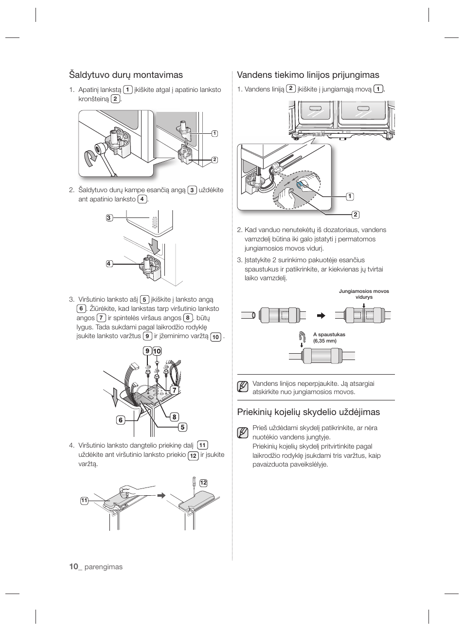 Šaldytuvo durų montavimas, Vandens tiekimo linijos prijungimas, Priekinių kojelių skydelio uždėjimas | Samsung RSH7PNPN User Manual | Page 178 / 216