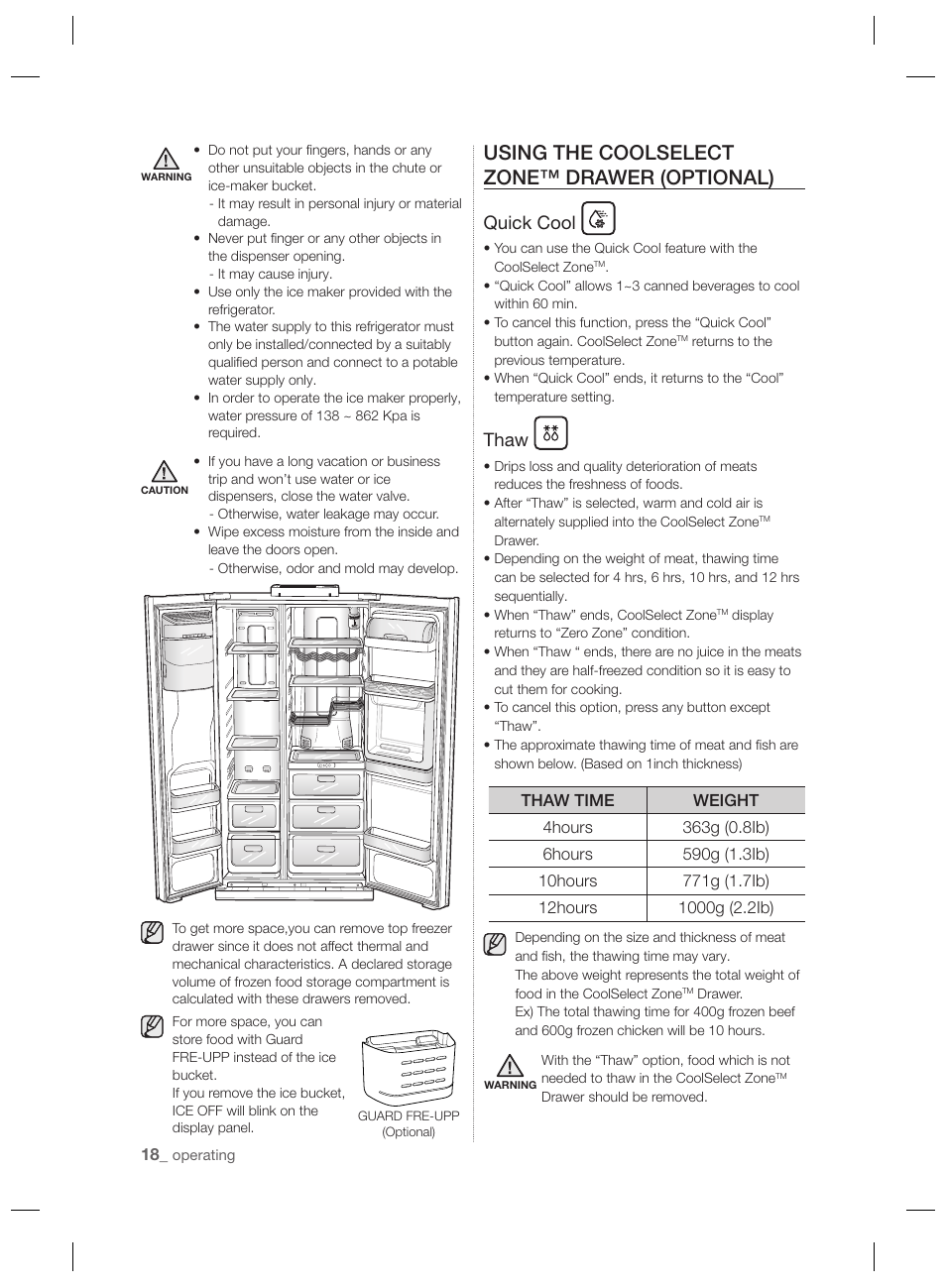 Using the coolselect zone™ drawer (optional), Quick cool, Thaw | Samsung RSH7PNPN User Manual | Page 18 / 216