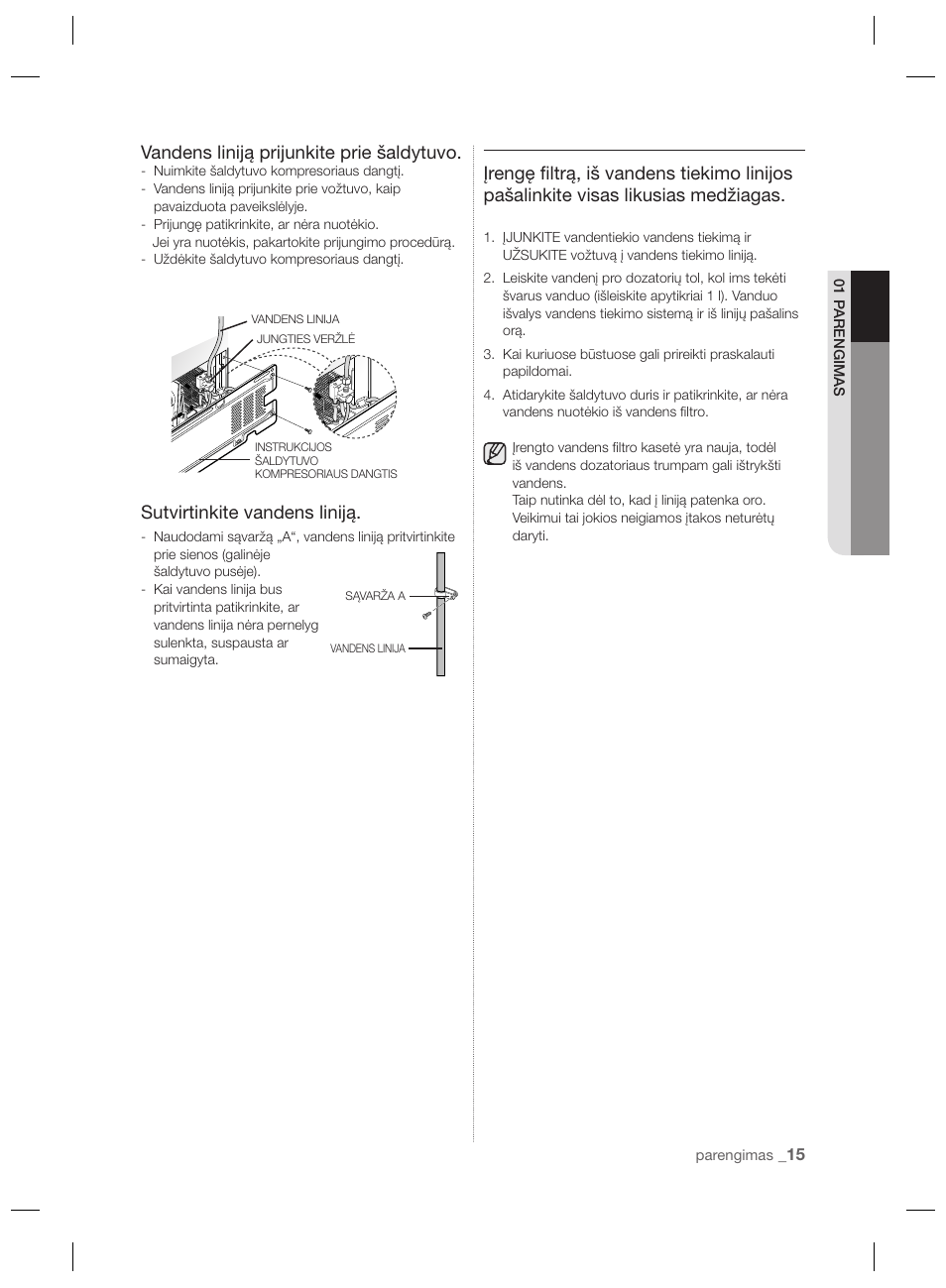 Vandens liniją prijunkite prie šaldytuvo, Sutvirtinkite vandens liniją | Samsung RSH7PNPN User Manual | Page 183 / 216