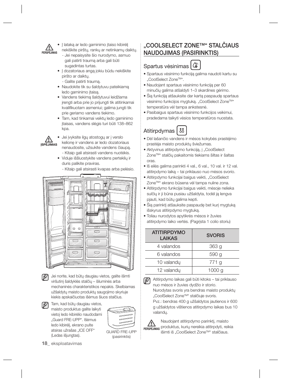 Spartus vėsinimas, Atitirpdymas | Samsung RSH7PNPN User Manual | Page 186 / 216