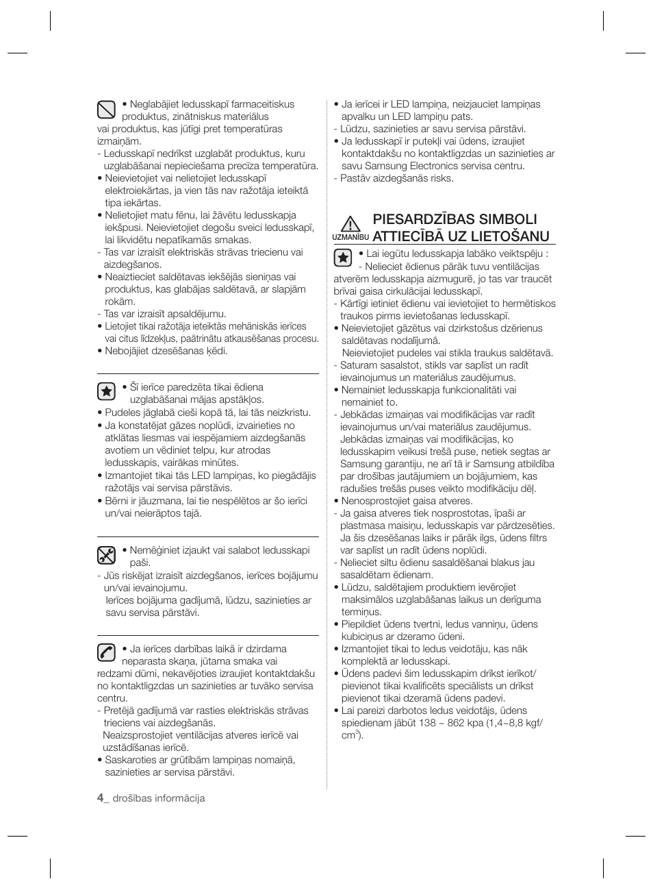 Piesardzības simboli attiecībā uz lietošanu | Samsung RSH7PNPN User Manual | Page 196 / 216