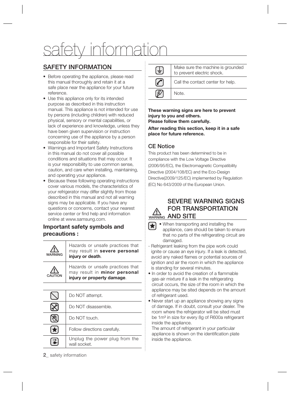 Safety information, Severe warning signs for transportation and site | Samsung RSH7PNPN User Manual | Page 2 / 216