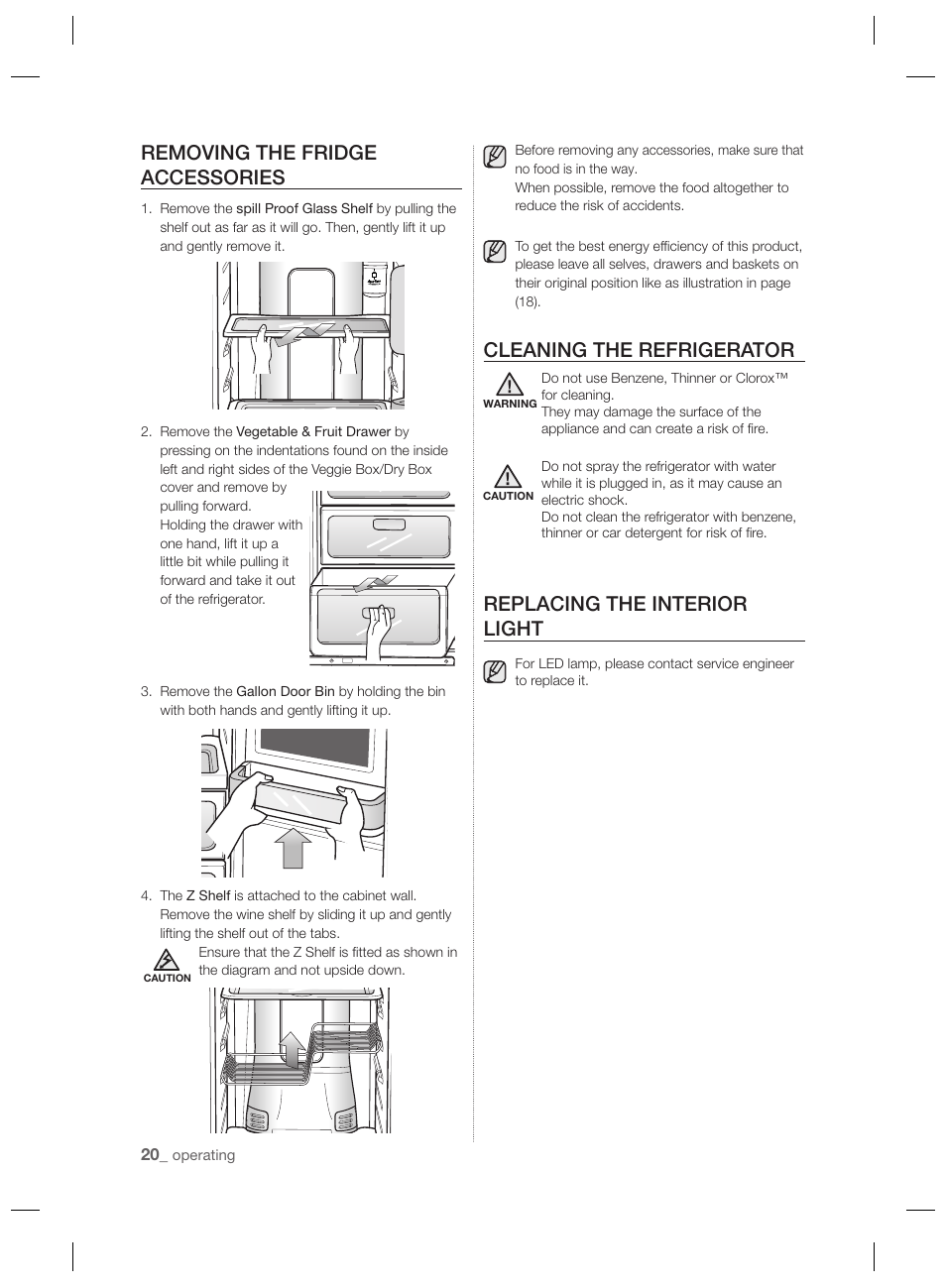 Removing the fridge accessories, Cleaning the refrigerator, Replacing the interior light | Samsung RSH7PNPN User Manual | Page 20 / 216