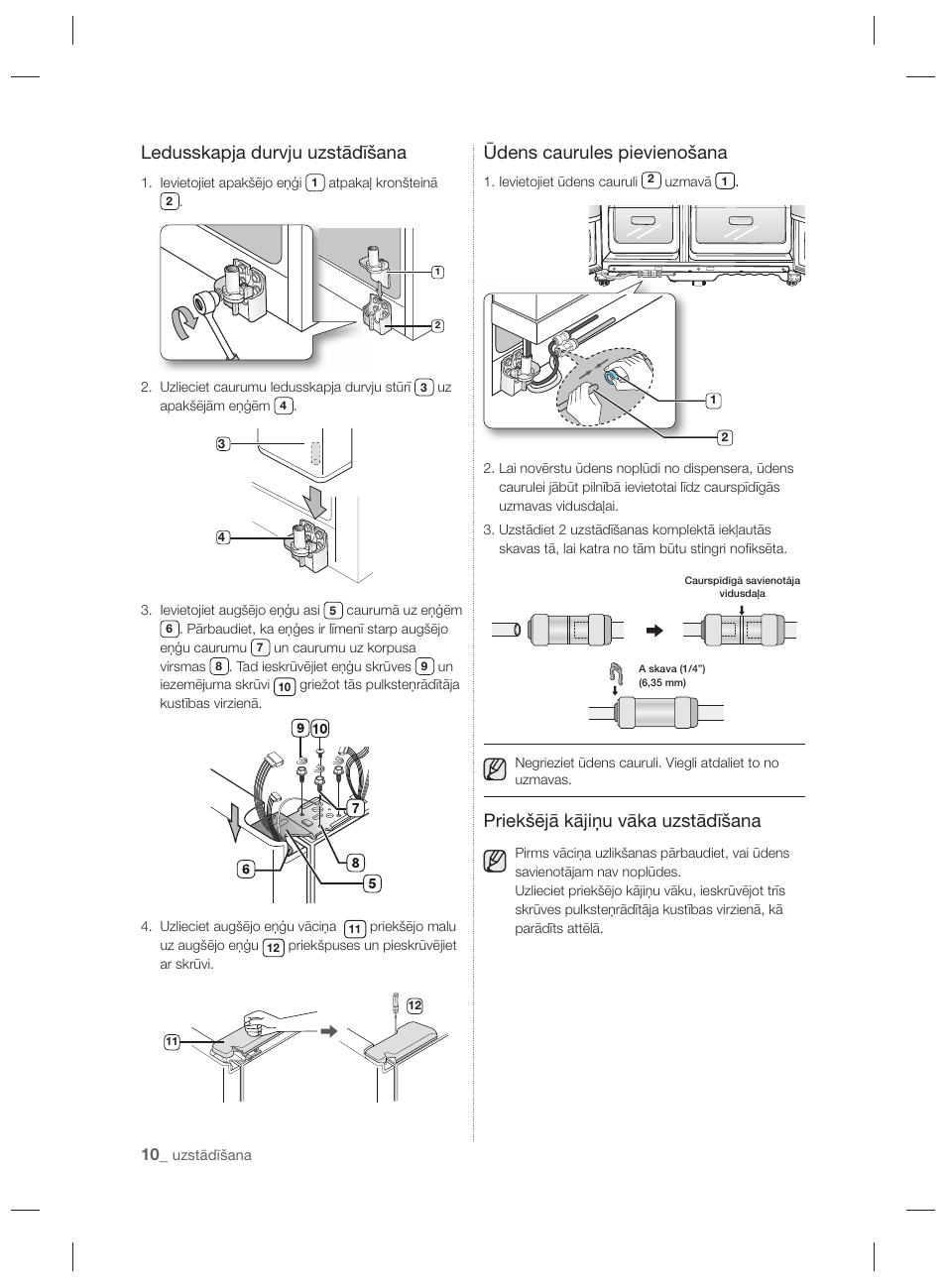 Ledusskapja durvju uzstādīšana, Ūdens caurules pievienošana, Priekšējā kājiņu vāka uzstādīšana | Samsung RSH7PNPN User Manual | Page 202 / 216