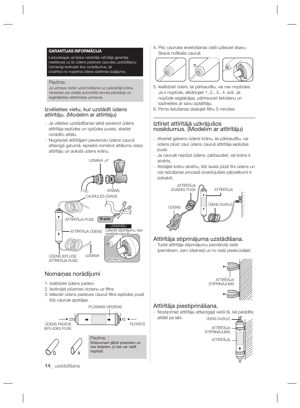 Nomaiņas norādījumi, Attīrītāja stiprinājuma uzstādīšana, Attīrītāja piestiprināšana | Samsung RSH7PNPN User Manual | Page 206 / 216