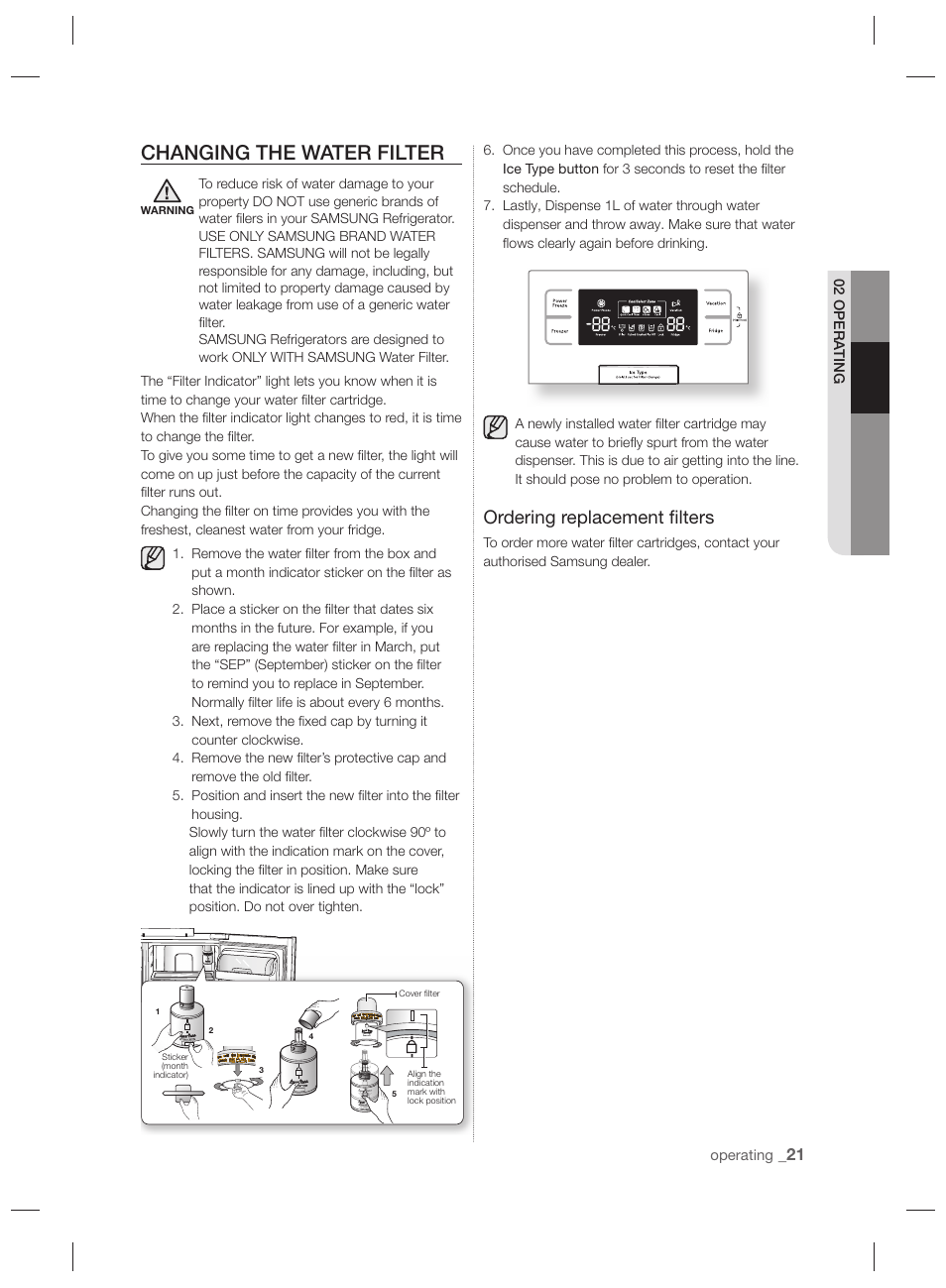 Changing the water filter, Ordering replacement ﬁ lters | Samsung RSH7PNPN User Manual | Page 21 / 216