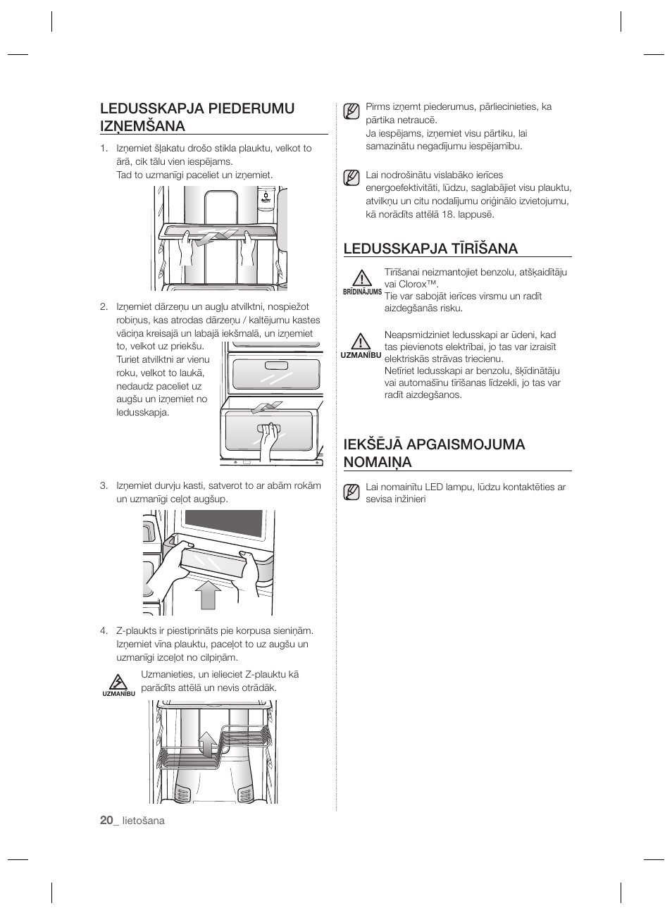 Ledusskapja piederumu izņemšana, Ledusskapja tīrīšana, Iekšējā apgaismojuma nomaiņa | Samsung RSH7PNPN User Manual | Page 212 / 216