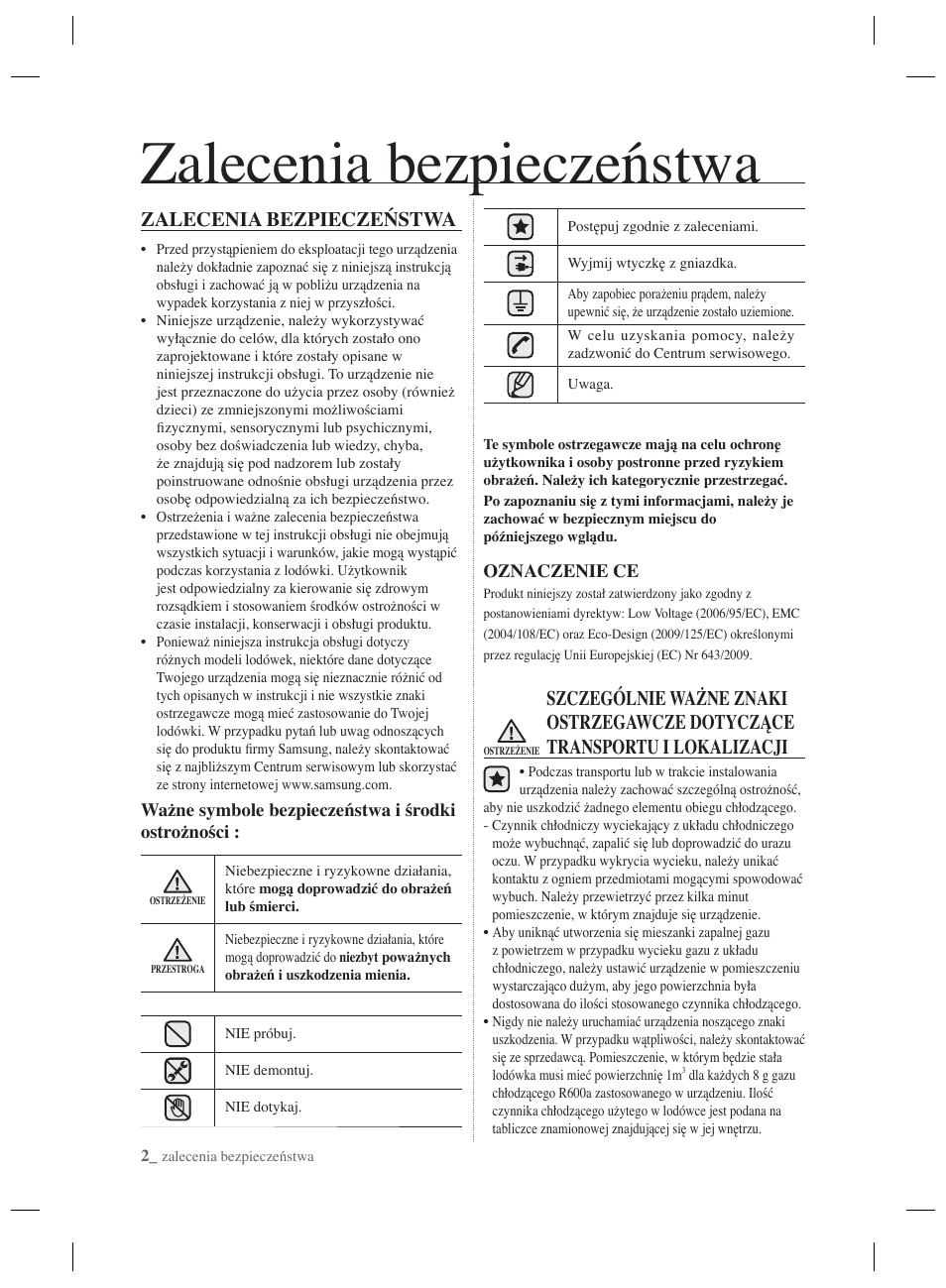 Zalecenia bezpieczeństwa | Samsung RSH7PNPN User Manual | Page 26 / 216