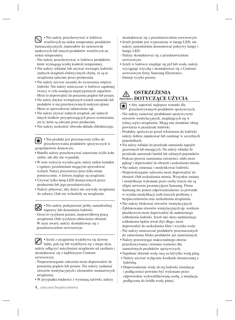 Ostrzeżenia dotyczące użycia | Samsung RSH7PNPN User Manual | Page 28 / 216