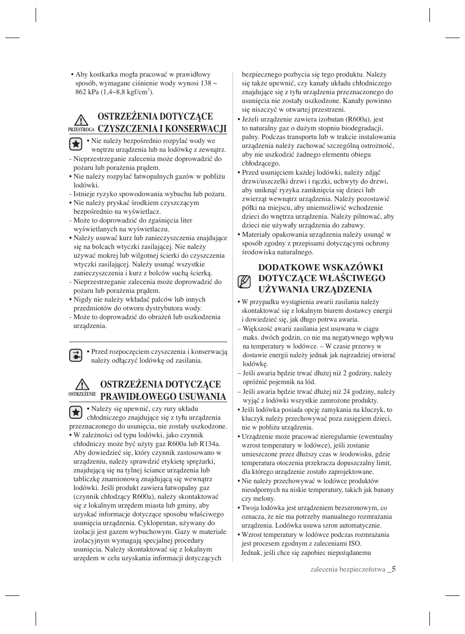 Ostrzeżenia dotyczące czyszczenia i konserwacji, Ostrzeżenia dotyczące prawidłowego usuwania | Samsung RSH7PNPN User Manual | Page 29 / 216