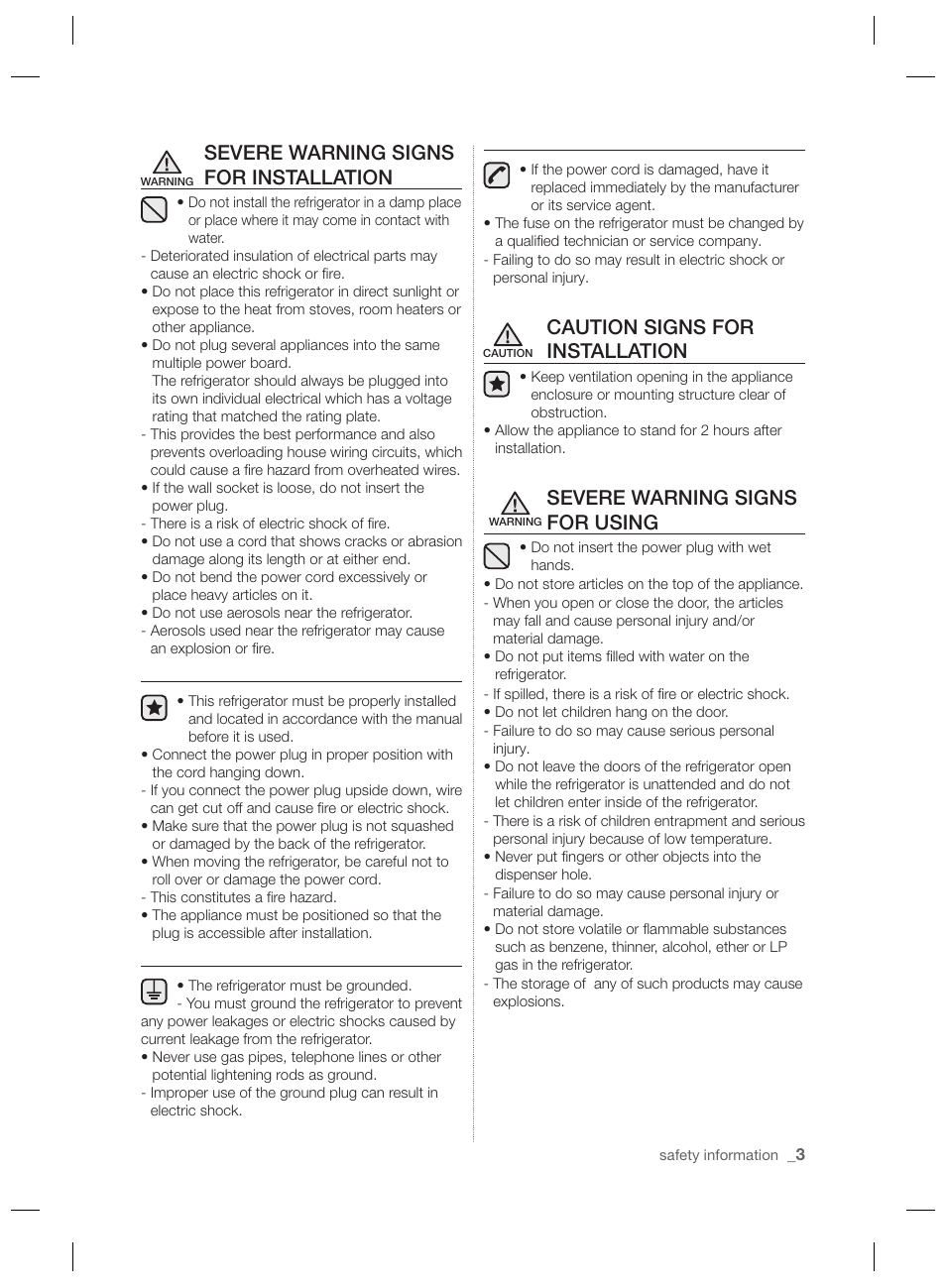 Severe warning signs for installation, Caution signs for installation, Severe warning signs for using | Samsung RSH7PNPN User Manual | Page 3 / 216