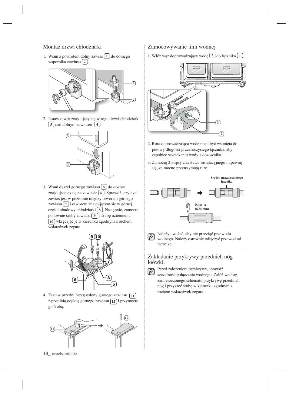 Montaż drzwi chłodziarki, Zamocowywanie linii wodnej, Zakładanie przykrywy przednich nóg loówki | Samsung RSH7PNPN User Manual | Page 34 / 216