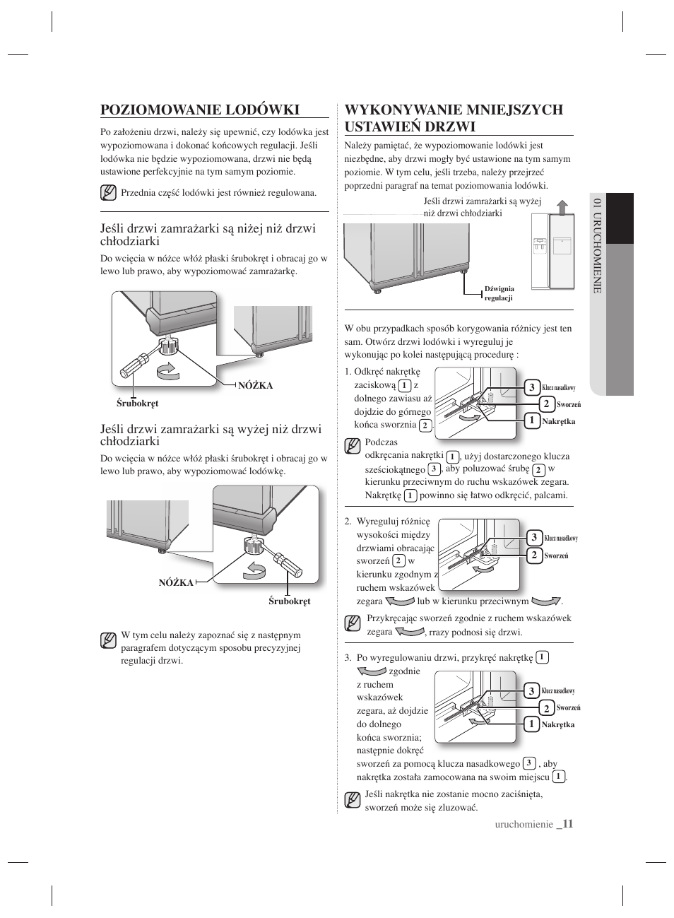 Poziomowanie lodówki, Wykonywanie mniejszych ustawień drzwi | Samsung RSH7PNPN User Manual | Page 35 / 216
