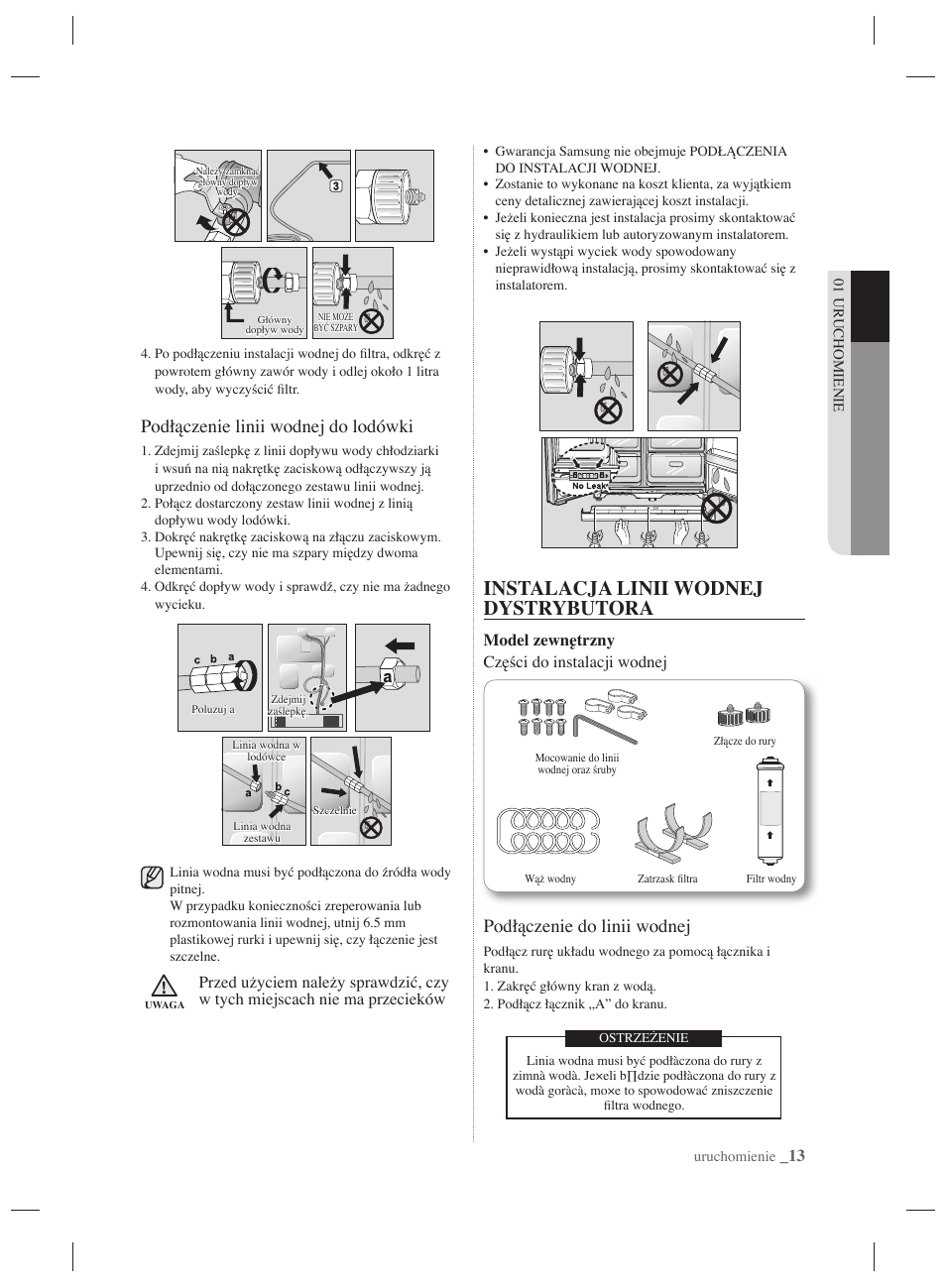 Instalacja linii wodnej dystrybutora, Podłączenie linii wodnej do lodówki, Podłączenie do linii wodnej | Samsung RSH7PNPN User Manual | Page 37 / 216