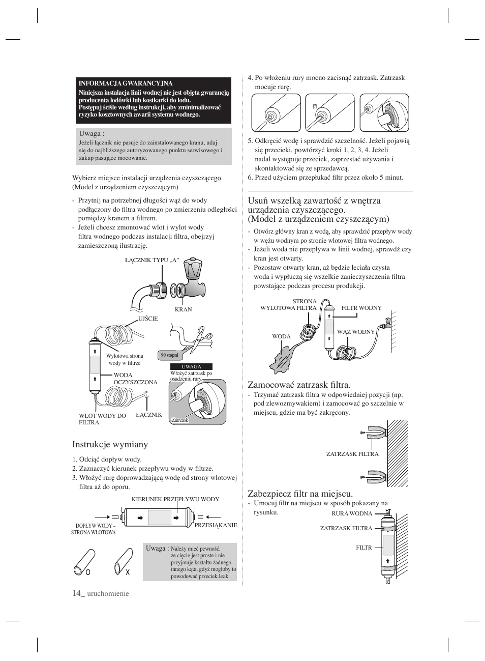 Instrukcje wymiany, Zamocować zatrzask fi ltra, Zabezpiecz fi ltr na miejscu | Samsung RSH7PNPN User Manual | Page 38 / 216