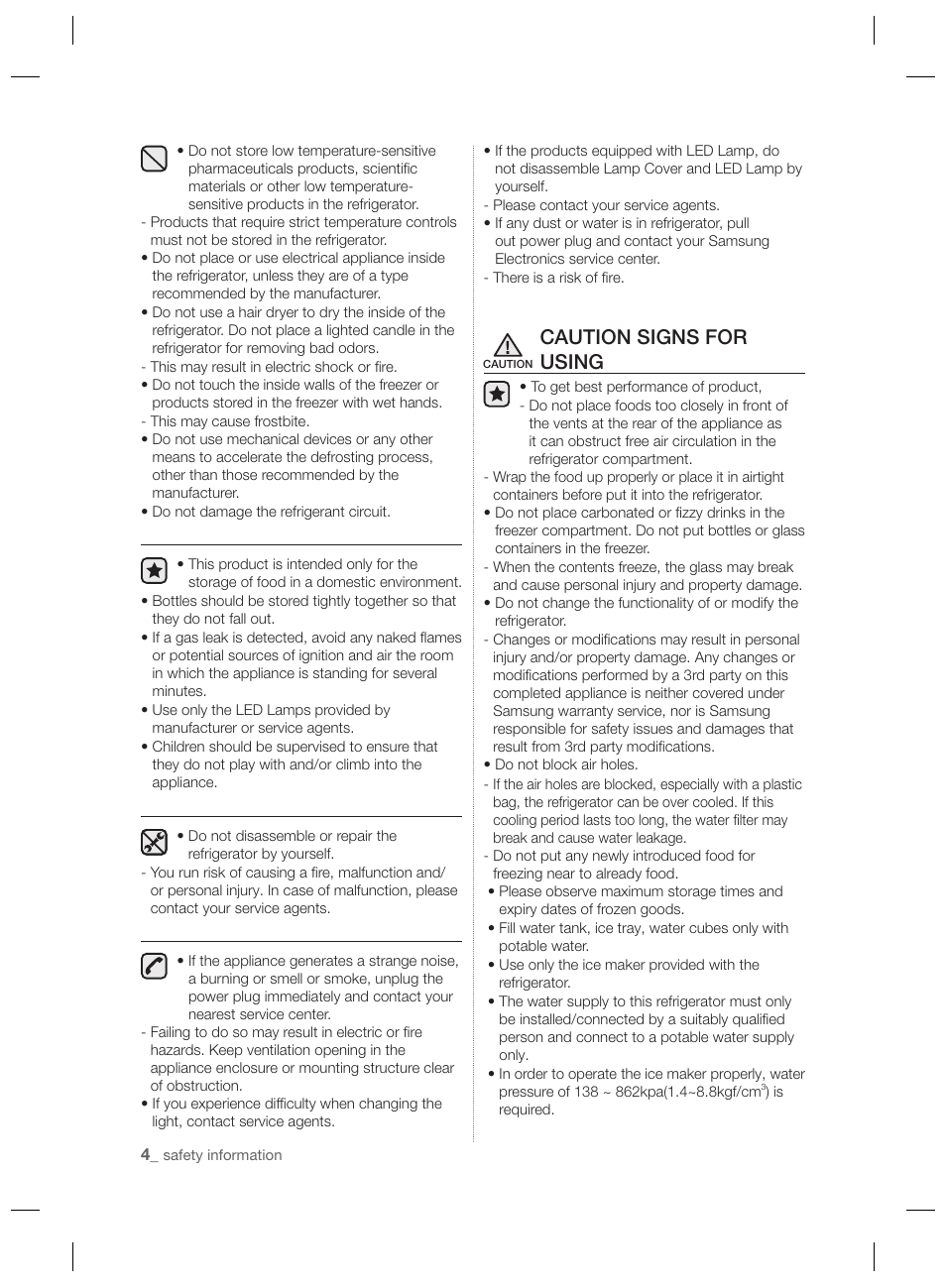 Caution signs for using | Samsung RSH7PNPN User Manual | Page 4 / 216
