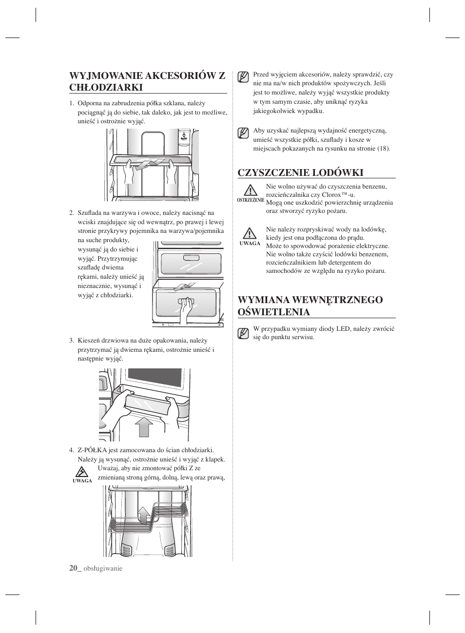 Wyjmowanie akcesoriów z chłodziarki, Czyszczenie lodówki, Wymiana wewnętrznego oświetlenia | Samsung RSH7PNPN User Manual | Page 44 / 216