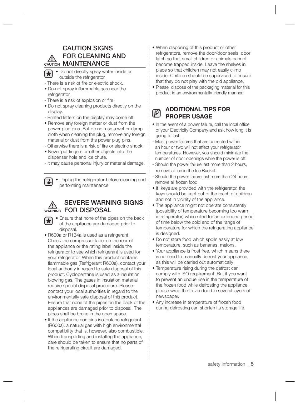 Caution signs for cleaning and maintenance, Severe warning signs for disposal | Samsung RSH7PNPN User Manual | Page 5 / 216