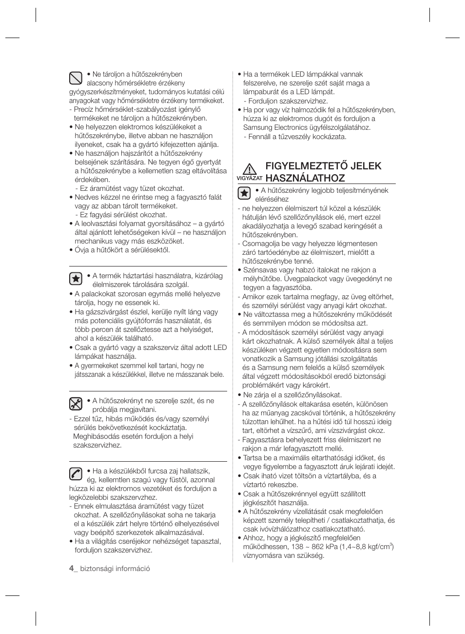 Figyelmeztető jelek használathoz | Samsung RSH7PNPN User Manual | Page 52 / 216