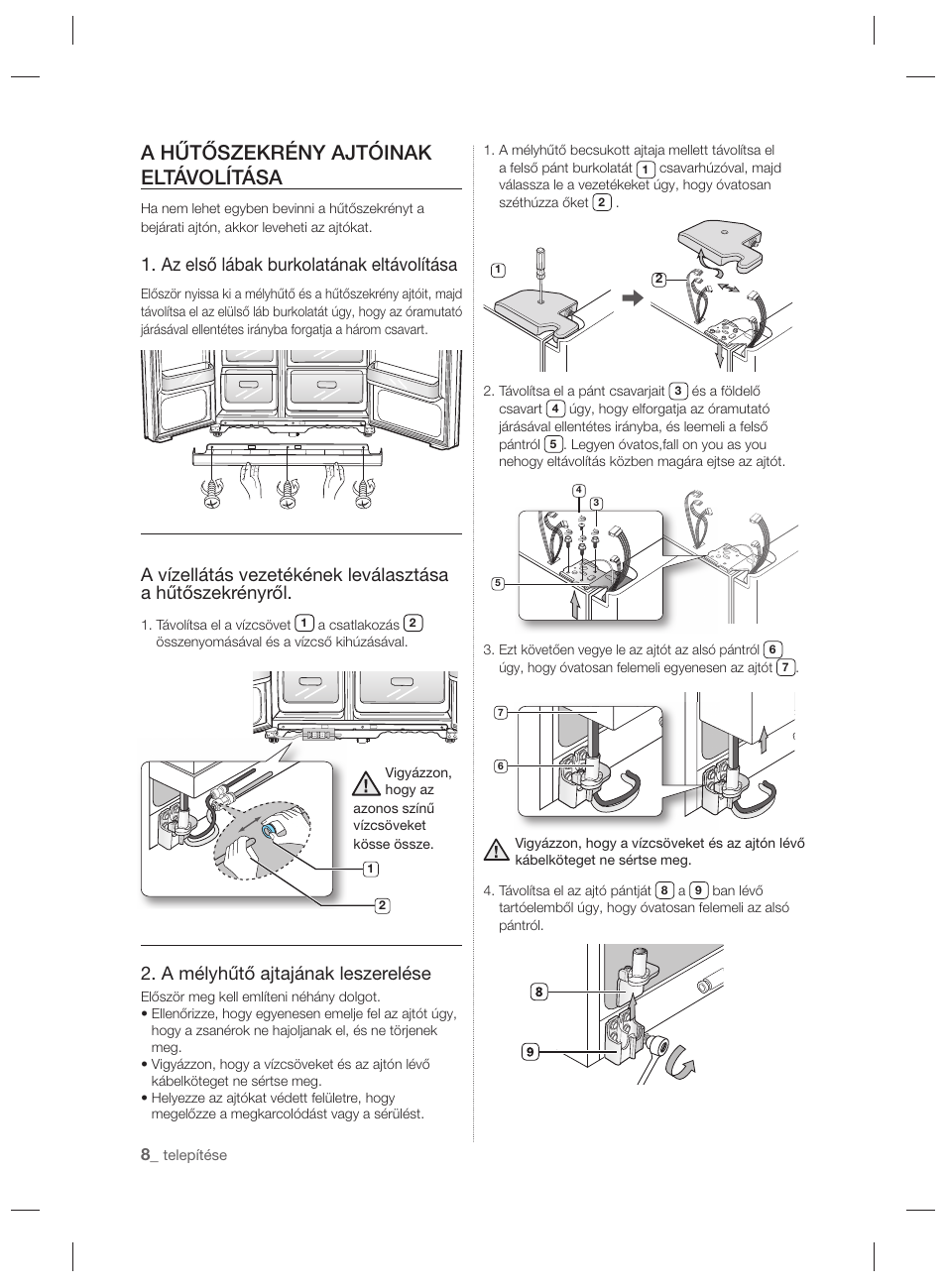 A hűtőszekrény ajtóinak eltávolítása, Az első lábak burkolatának eltávolítása, A mélyhűtő ajtajának leszerelése | Samsung RSH7PNPN User Manual | Page 56 / 216