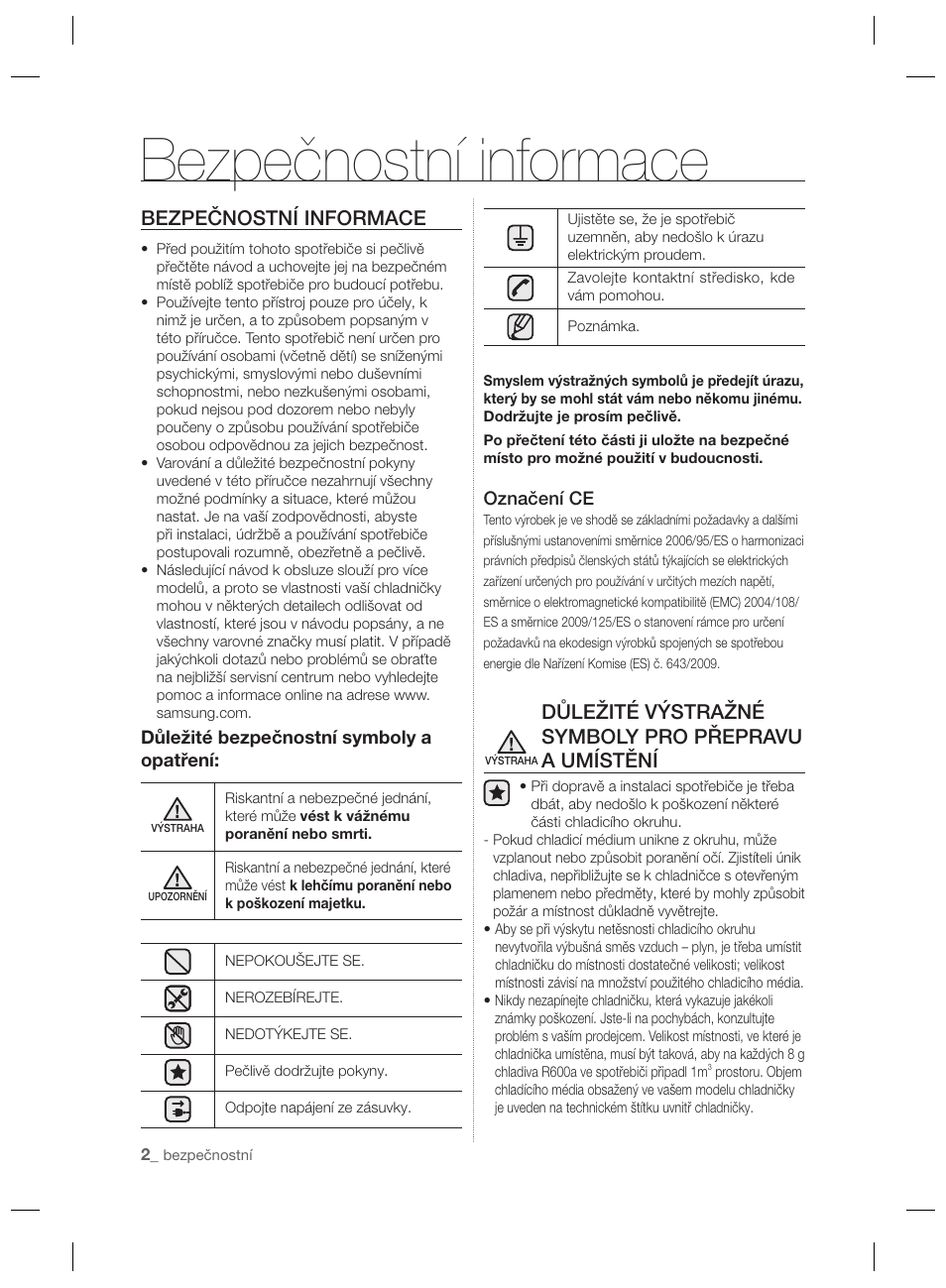 Bezpečnostní informace, Důležité výstražné symboly pro přepravu a umístění | Samsung RSH7PNPN User Manual | Page 74 / 216