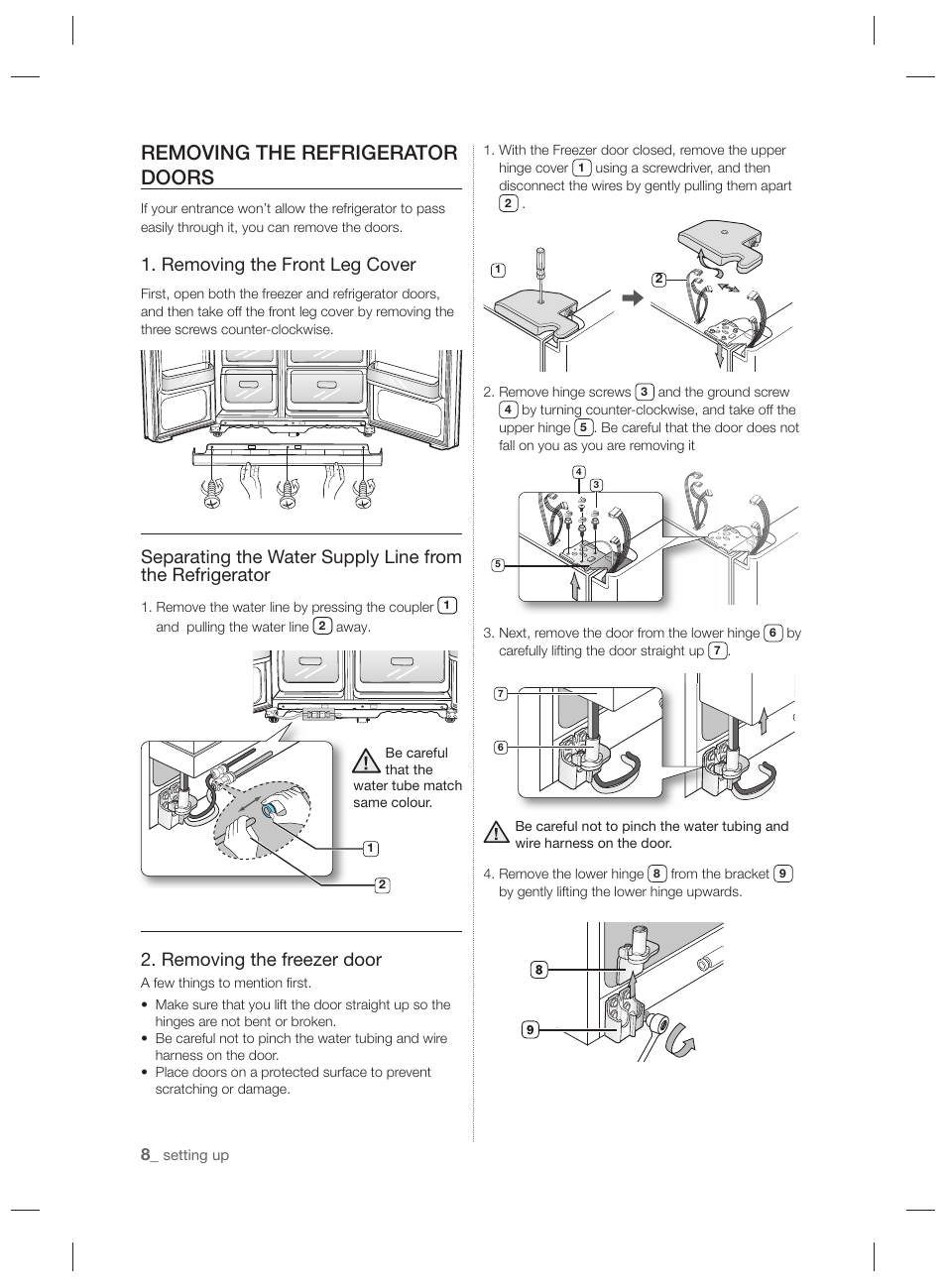 Removing the refrigerator doors, Removing the front leg cover, Removing the freezer door | Samsung RSH7PNPN User Manual | Page 8 / 216