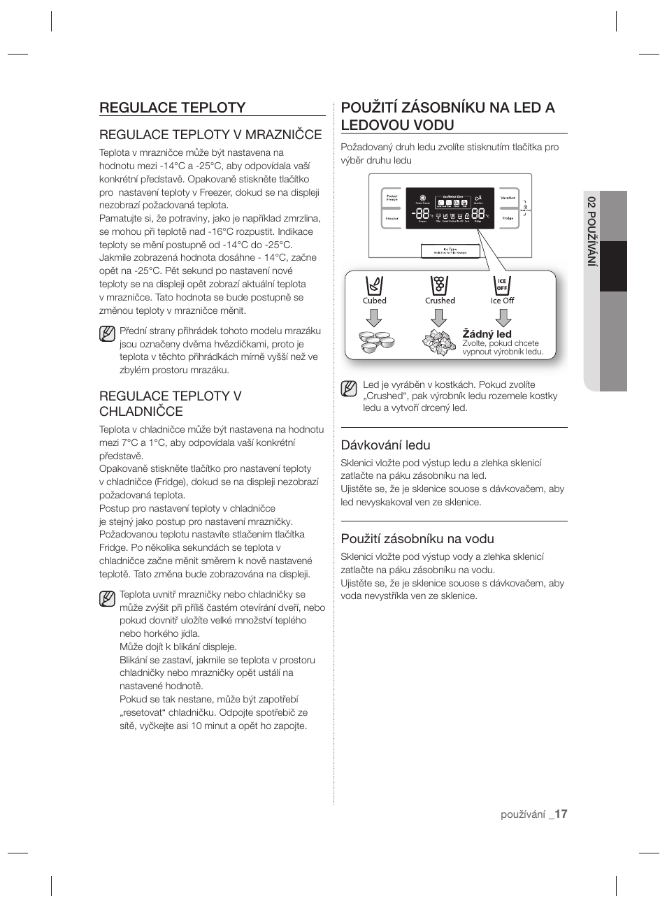 Regulace teploty, Použití zásobníku na led a ledovou vodu | Samsung RSH7PNPN User Manual | Page 89 / 216