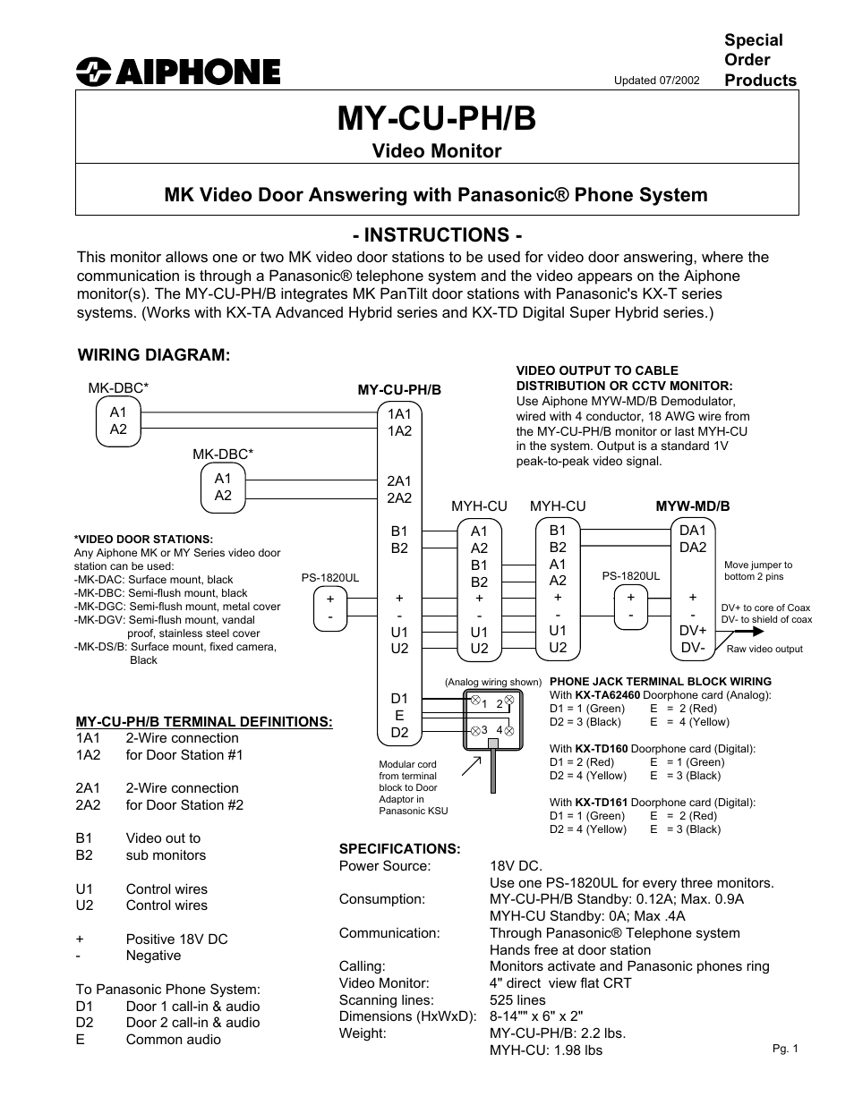 Aiphone MY-CU-PH/B User Manual | 2 pages