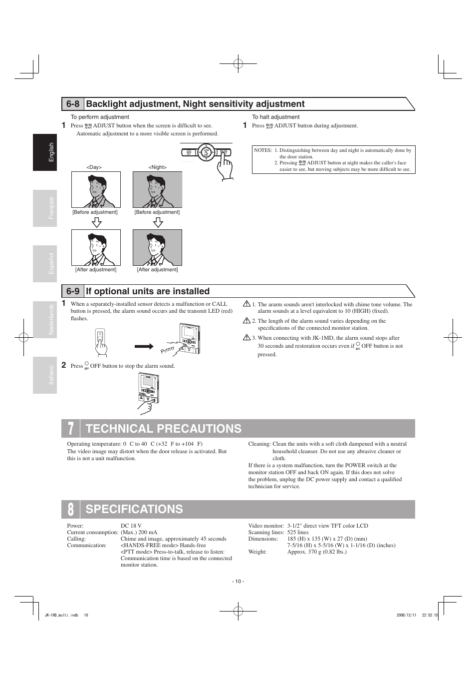 Technical precautions, Specifications, 9 if optional units are installed | Aiphone JK-1HD User Manual | Page 10 / 12