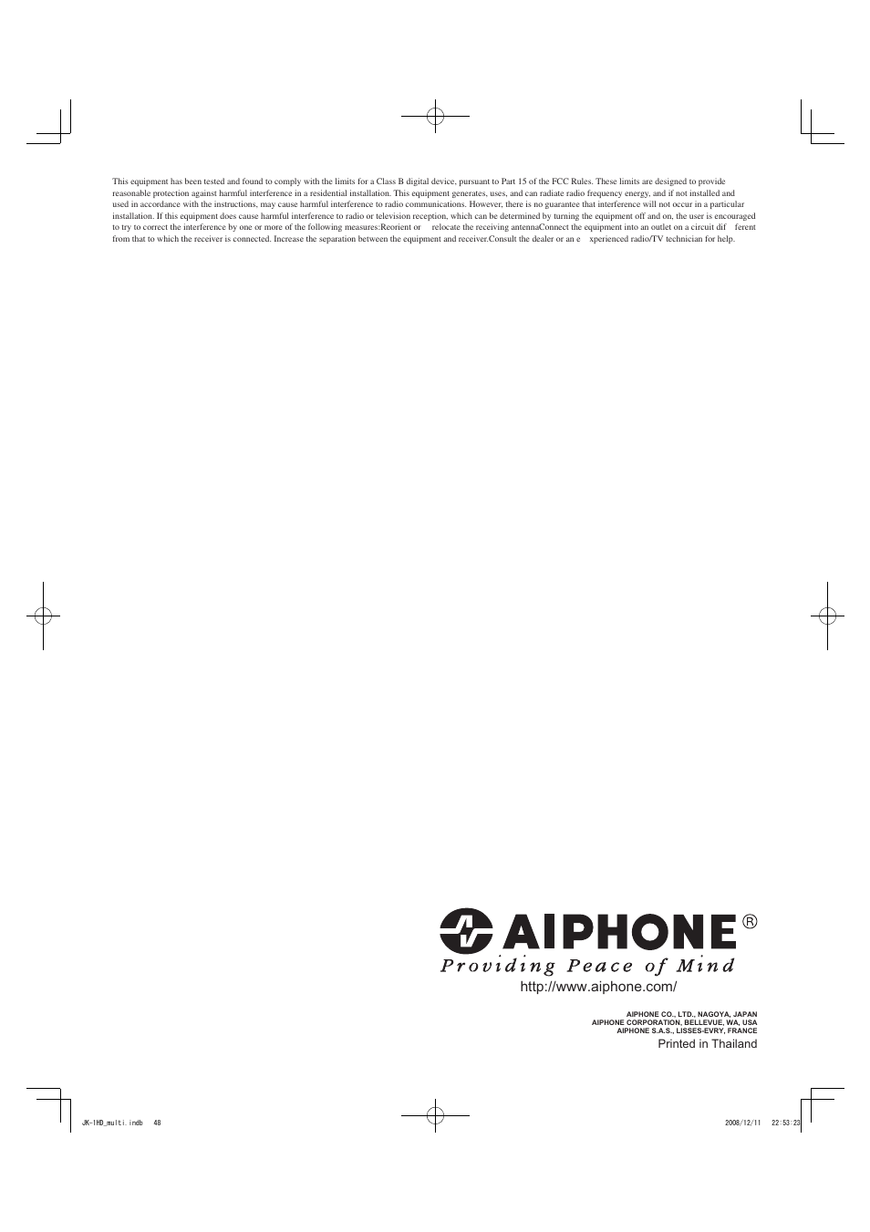 Printed in thailand | Aiphone JK-1HD User Manual | Page 12 / 12