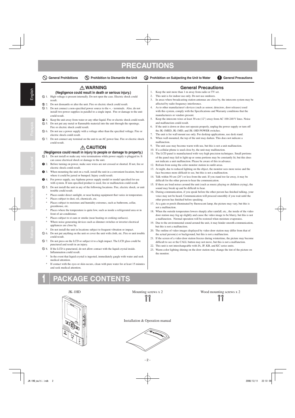 Precautions, Package contents, Warning | Caution, General precautions | Aiphone JK-1HD User Manual | Page 2 / 12