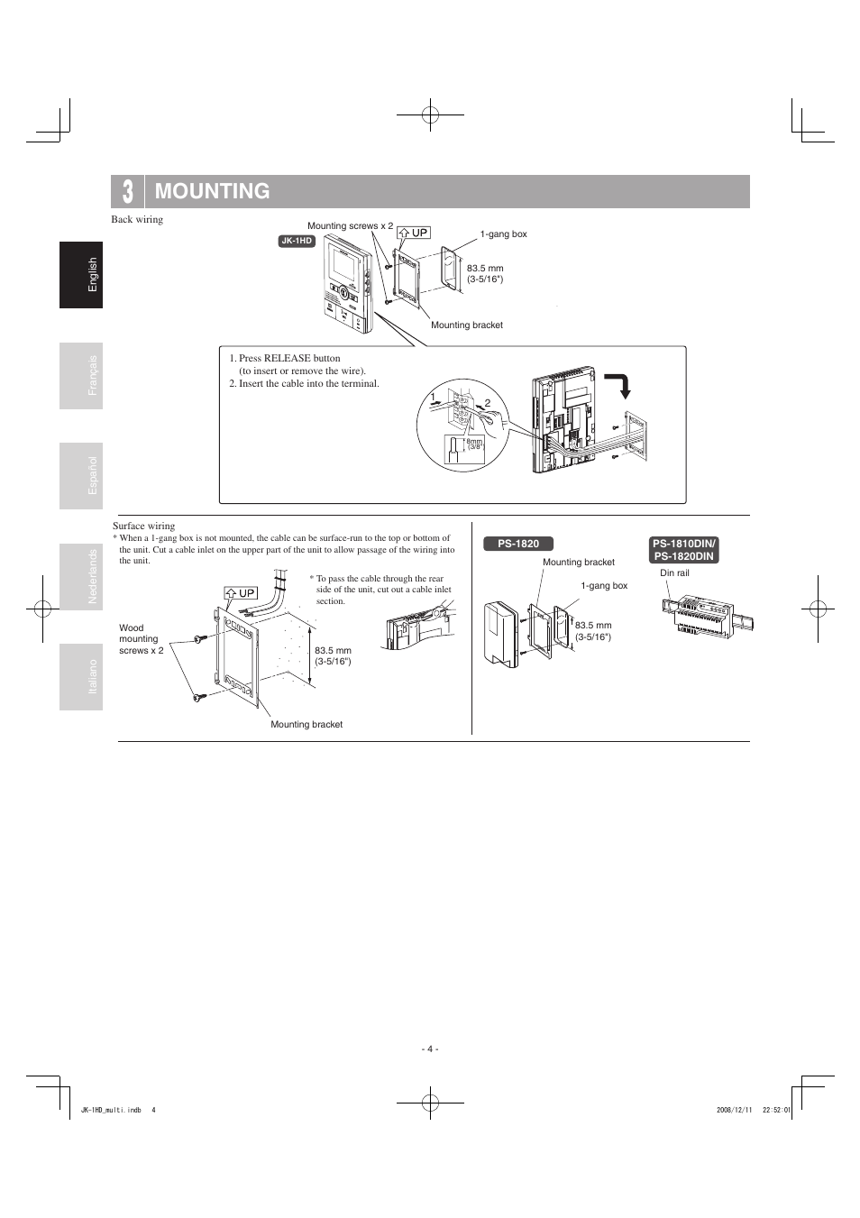 Mounting | Aiphone JK-1HD User Manual | Page 4 / 12