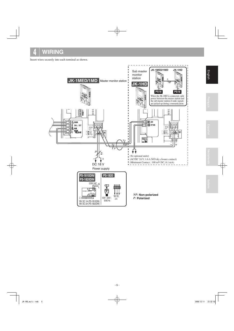 Wiring, Jk-1med/1md jk-1hd | Aiphone JK-1HD User Manual | Page 5 / 12