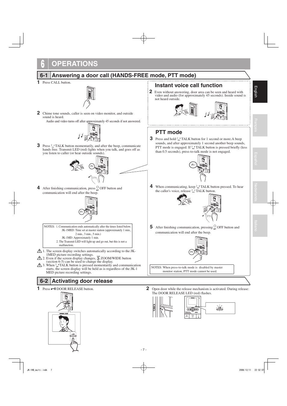Operations, Instant voice call function, Ptt mode | 2 activating door release | Aiphone JK-1HD User Manual | Page 7 / 12