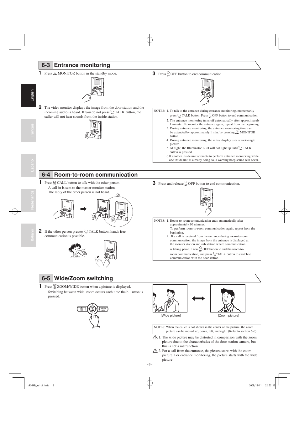 3 entrance monitoring, 4 room-to-room communication, 5 wide/zoom switching | Aiphone JK-1HD User Manual | Page 8 / 12