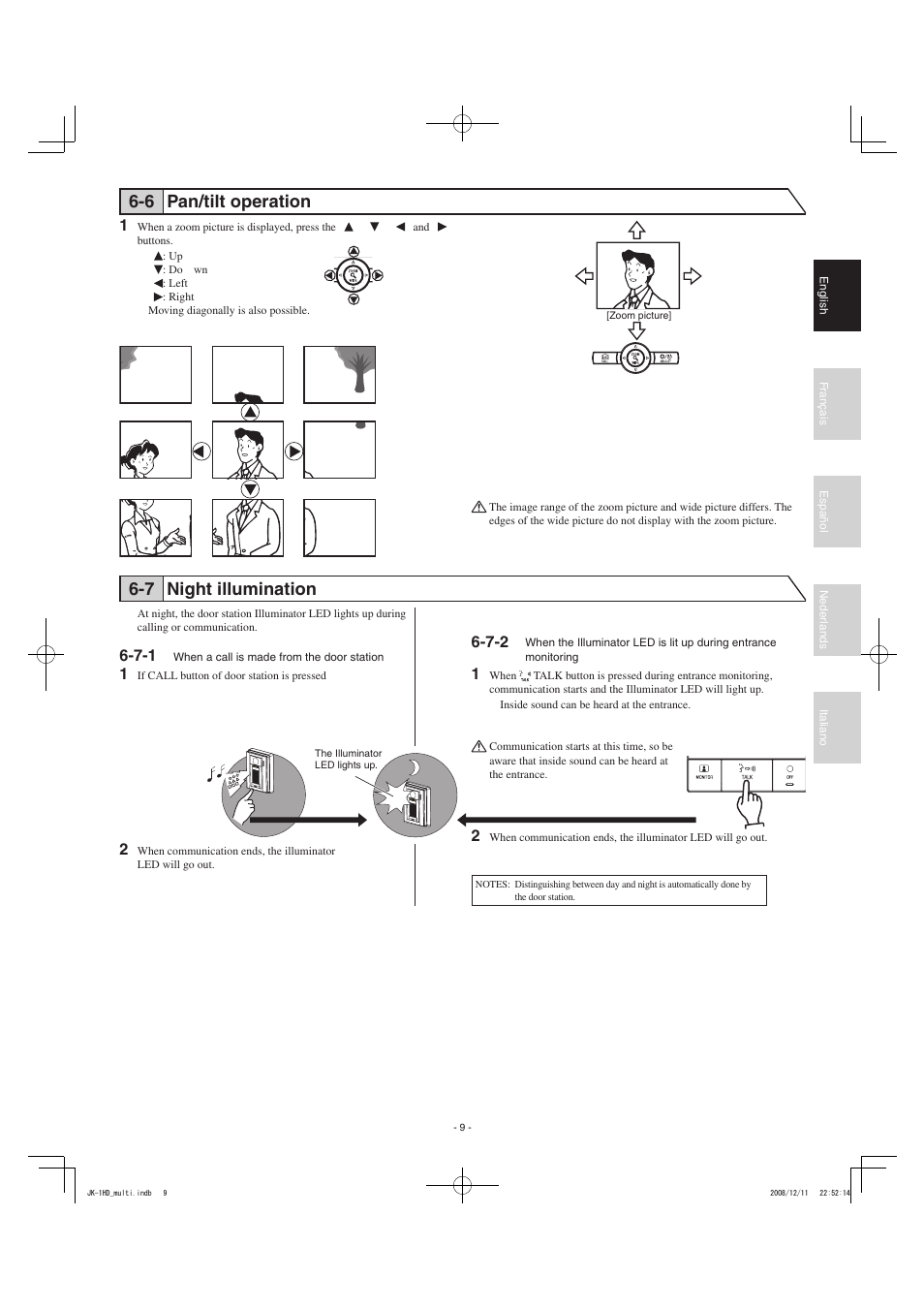 6 pan/tilt operation, 7 night illumination | Aiphone JK-1HD User Manual | Page 9 / 12