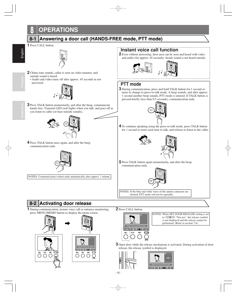 Operations, Instant voice call function ptt mode | Aiphone JF-2MED User Manual | Page 10 / 16