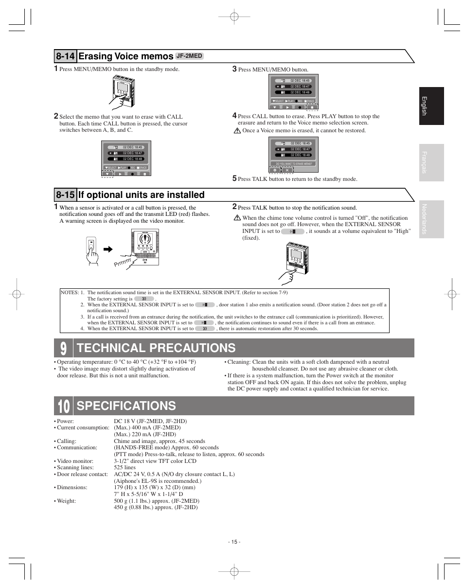 Technical precautions, Specifications | Aiphone JF-2MED User Manual | Page 15 / 16