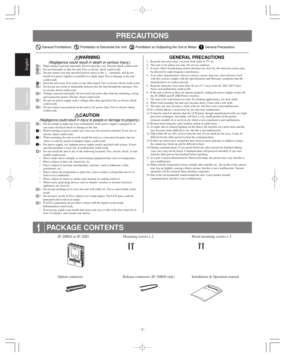 Precautions package contents, Warning, Caution | General precautions | Aiphone JF-2MED User Manual | Page 2 / 16