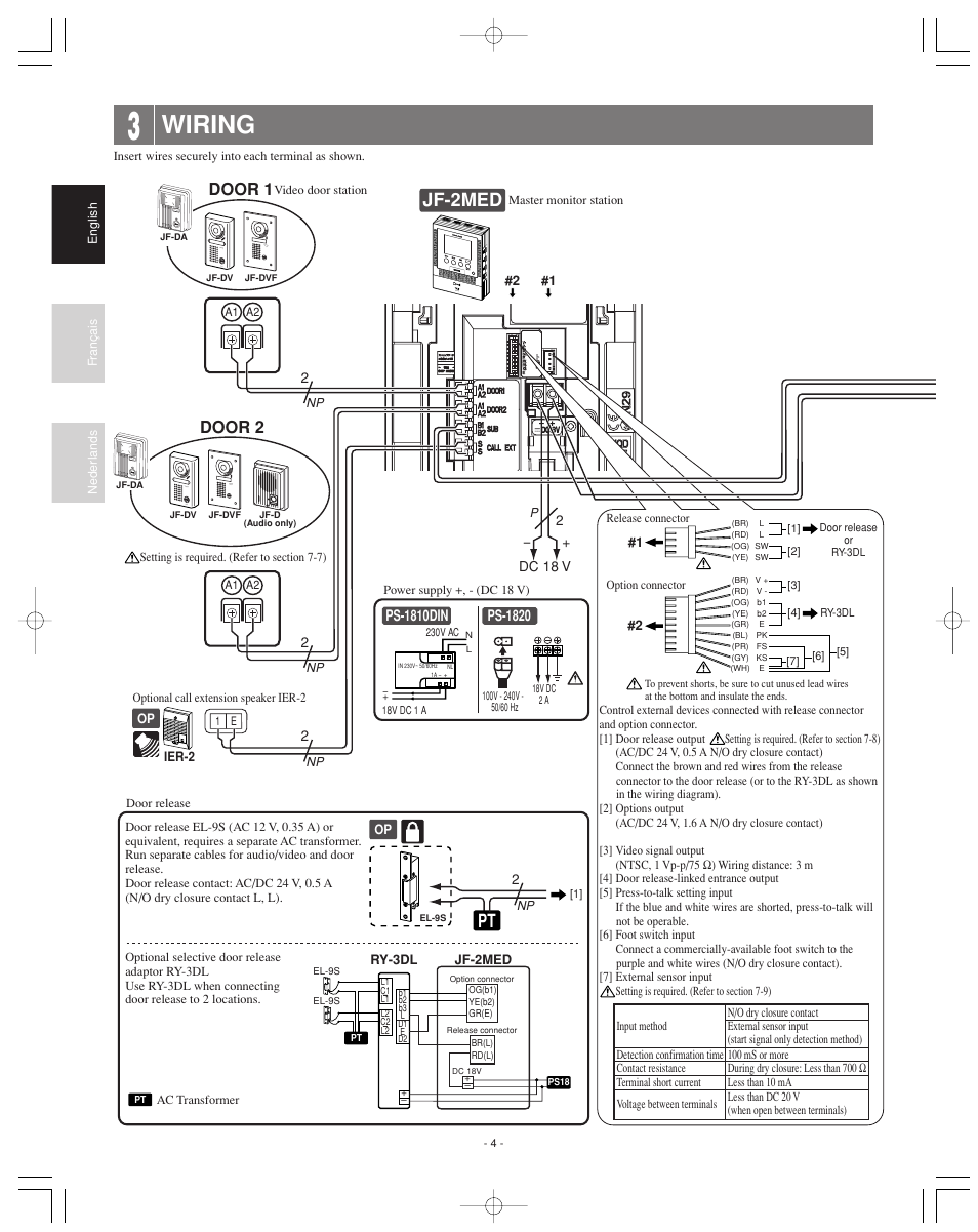 Wiring, Jf-2med, Door 2 | Door 1 | Aiphone JF-2MED User Manual | Page 4 / 16
