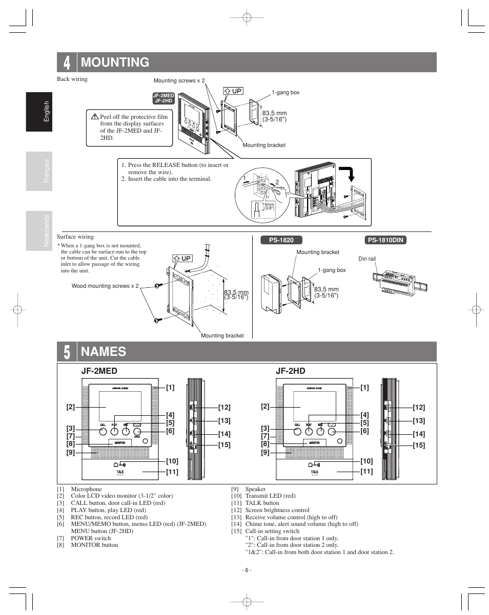 Mounting, Names | Aiphone JF-2MED User Manual | Page 6 / 16