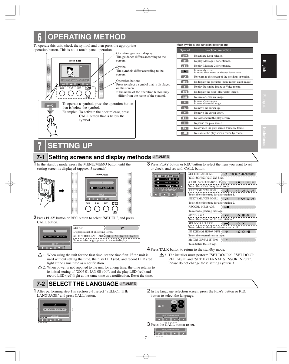 Operating method, Setting up, Setting screens and display methods 7-1 | Select the language 7-2 | Aiphone JF-2MED User Manual | Page 7 / 16