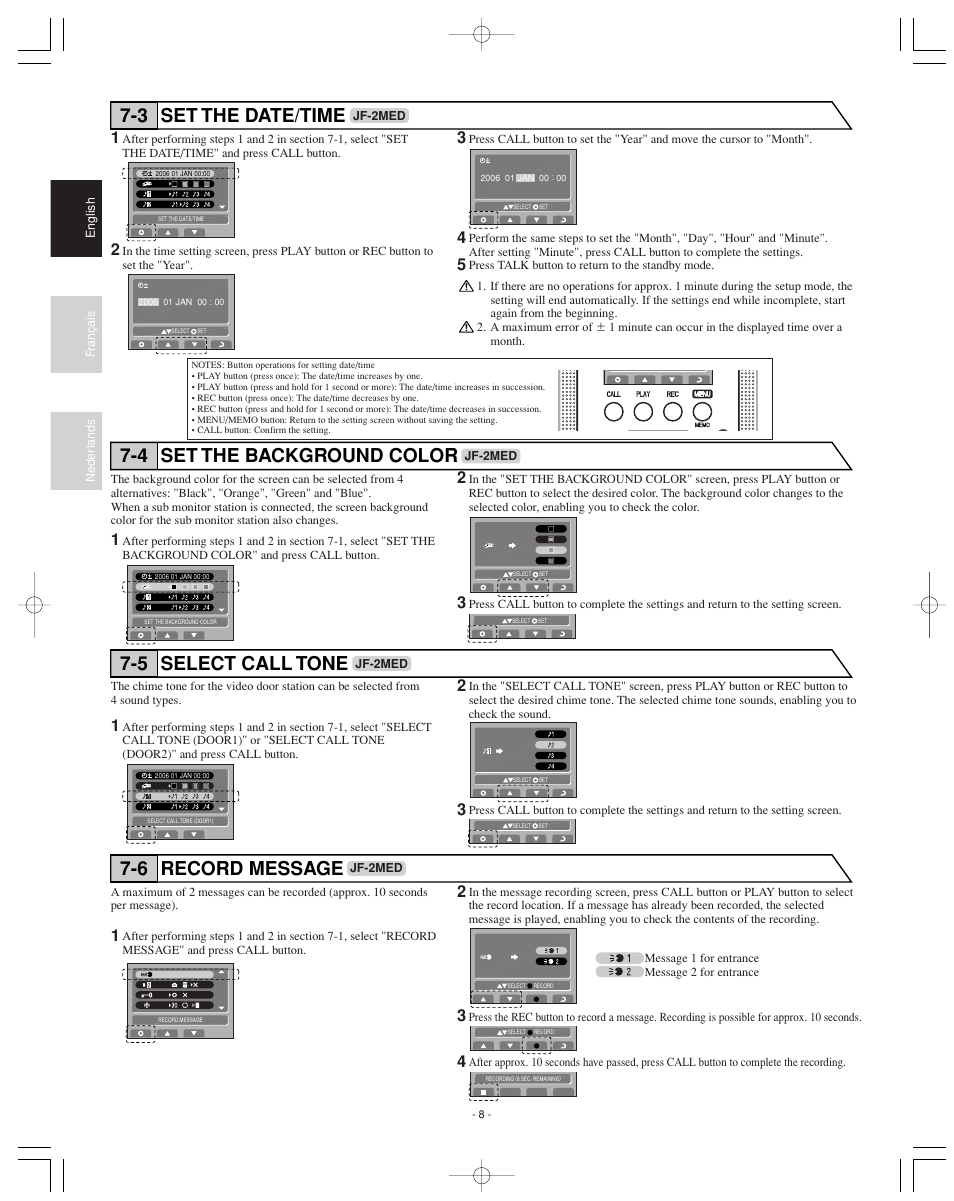 Set the date/time 7-3, Set the background color 7-4, Select call tone 7-5 | Record message 7-6 | Aiphone JF-2MED User Manual | Page 8 / 16