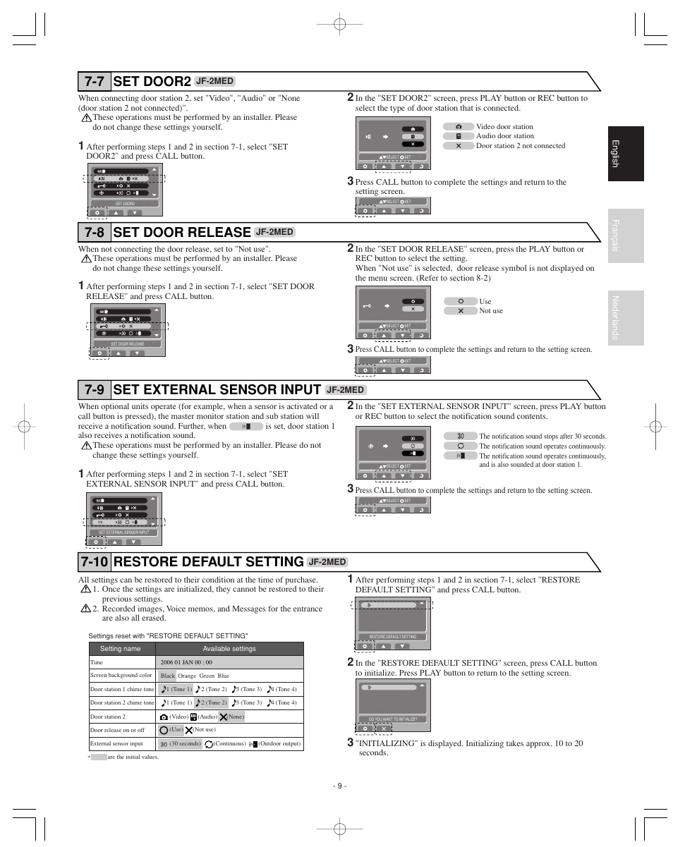 Set door release 7-8, Set external sensor input 7-9, Set door2 7-7 | Restore default setting 7-10 | Aiphone JF-2MED User Manual | Page 9 / 16